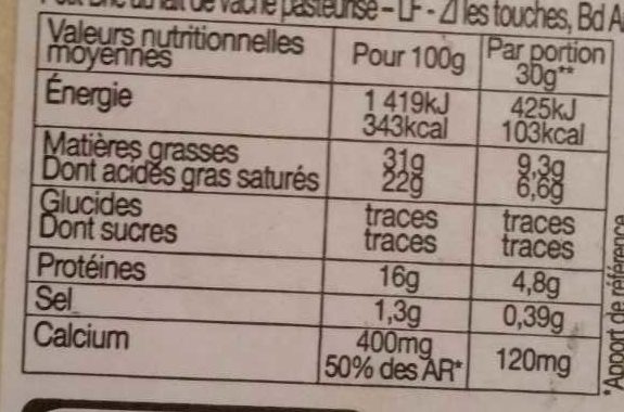 Petit Brie - Crémeux & Goûteux à point - Ernæringsfakta - fr