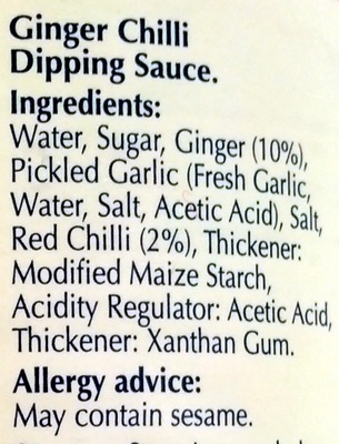Chilli & Ginger Sauce - Ingredienser